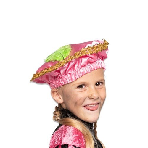 Pietenbaret Satijn Met Veer Roze van Haza Witbaard koop je bij Partywinkel