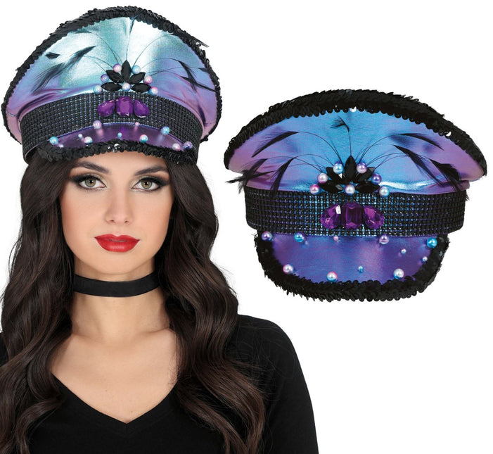 Police purple hat with feathers, adult van Fiestas Guirca koop je bij Partywinkel
