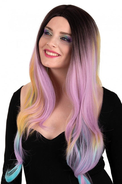 Pruik Selena Lang Met Krullen Pastel Regenboog van PartyXplosion koop je bij Partywinkel