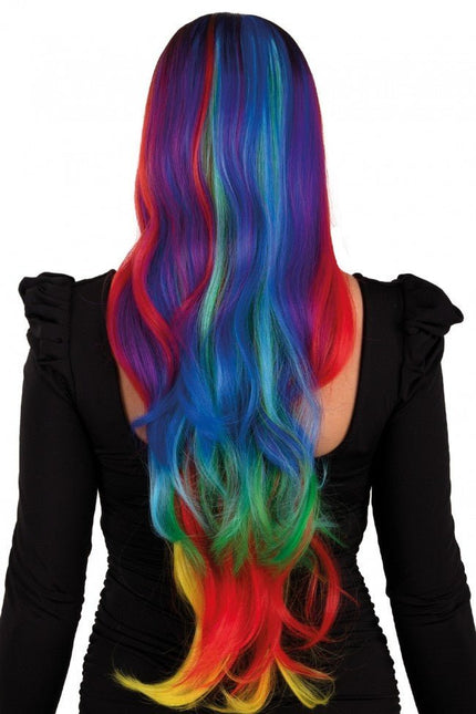 Pruik Selena Lang Met Krullen Regenboog All Over van PartyXplosion koop je bij Partywinkel