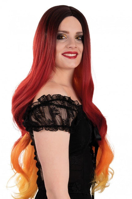 Pruik Selena Lang Met Krullen Rood En Oranje van PartyXplosion koop je bij Partywinkel