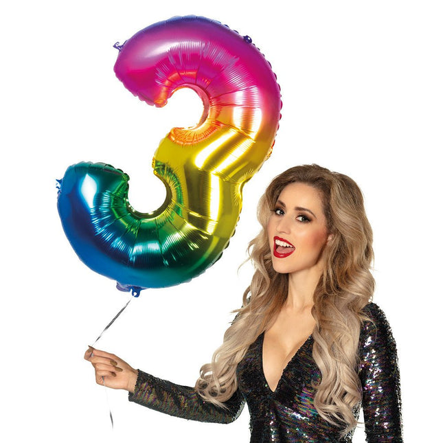 Regenboog Cijfer Ballon 3 Jaar 86cm van Boland koop je bij Partywinkel