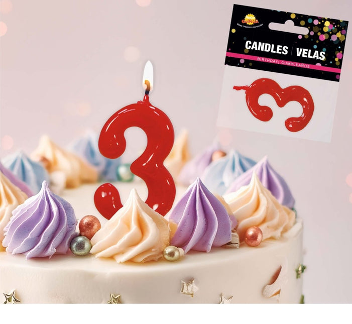 Rode Kaars 3 Jaar 5,5cm van Fiestas Guirca koop je bij Partywinkel