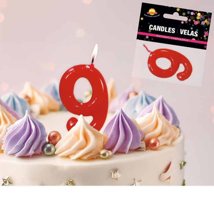 Rode Kaars 9 Jaar 5,5cm van Fiestas Guirca koop je bij Partywinkel
