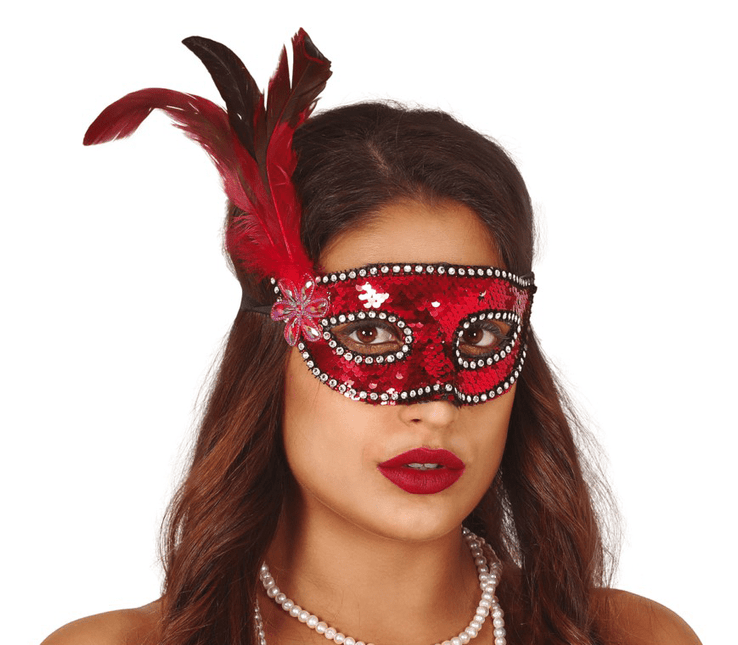 Rood Masker Veren Pailletten van Fiestas Guirca koop je bij Partywinkel