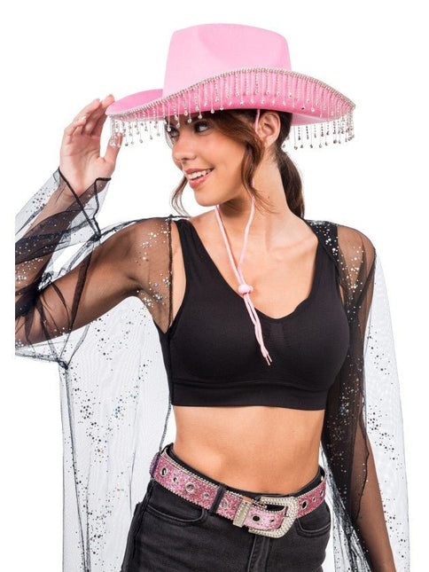 Roze Cowboyhoed met Hangende Strass One Size van CHAKS koop je bij Partywinkel