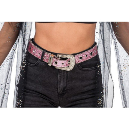 Roze Glitterriem met Strass Western Gesp 112cm van CHAKS koop je bij Partywinkel