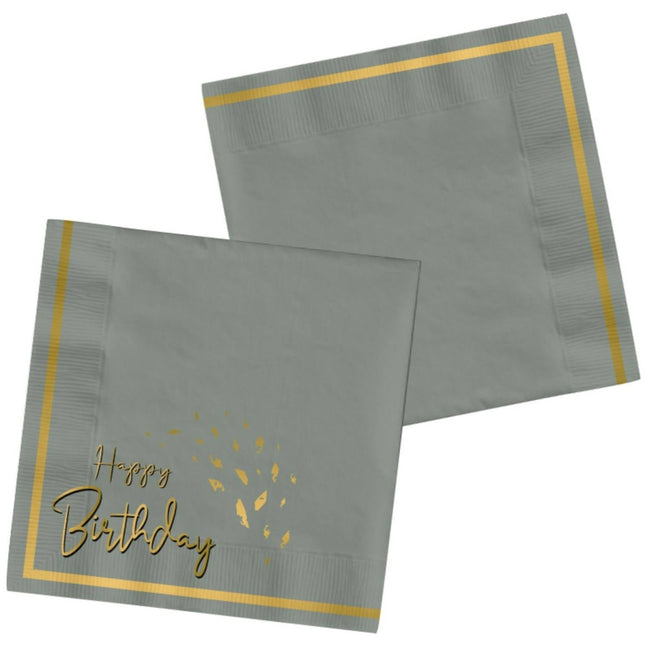 Servetten Happy Birthday Grijs Goud 33cm 20st van Folat koop je bij Partywinkel