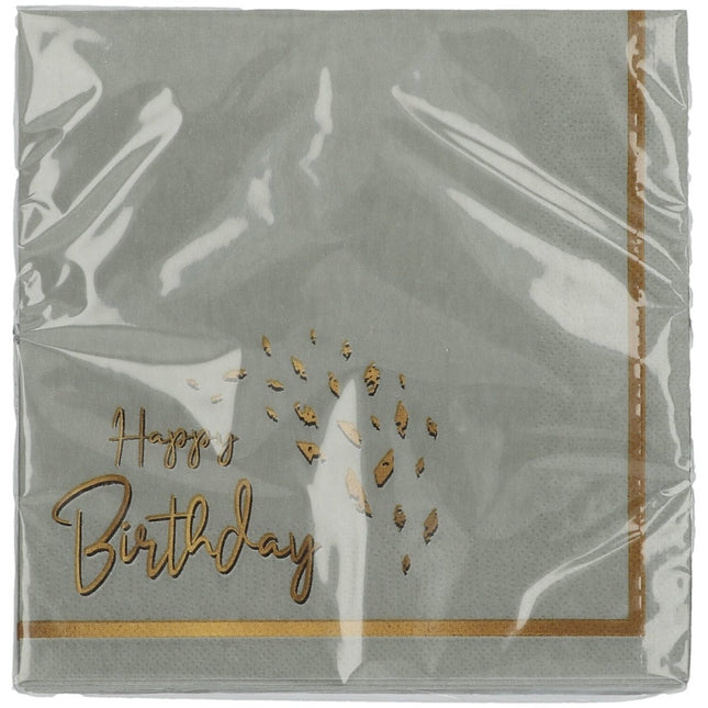 Servetten Happy Birthday Grijs Goud 33cm 20st van Folat koop je bij Partywinkel