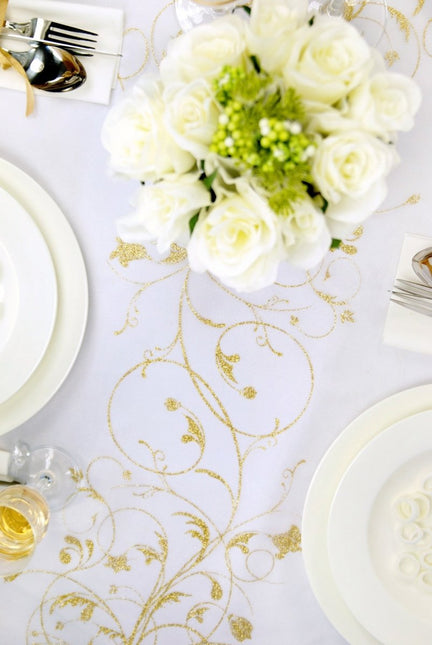 Vanille Creme Organza Stof Gouden Bloemen 36cm 9m van Partydeco koop je bij Partywinkel