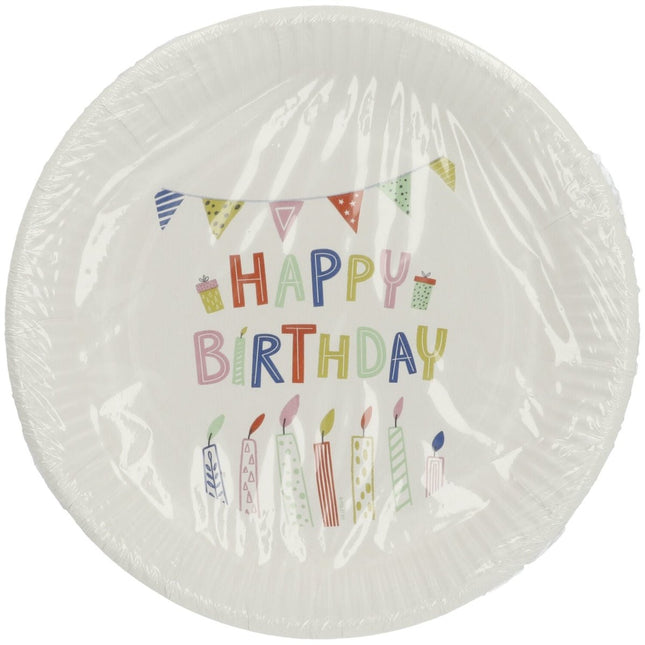 Witte Borden Happy Birthday 23cm 8st van Folat koop je bij Partywinkel