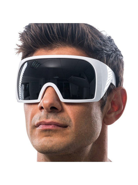 Witte Futuristische Maskerbril met Zwart Vizier van CHAKS koop je bij Partywinkel
