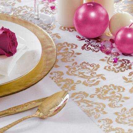 Witte Organza Stof Gouden en Zilveren Koningsbloem print 36cm 9m van Partydeco koop je bij Partywinkel