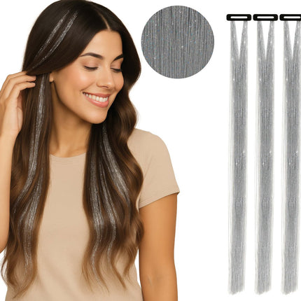Zilveren Hair Extension Glitters 50cm 3st van Fiestas Guirca koop je bij Partywinkel