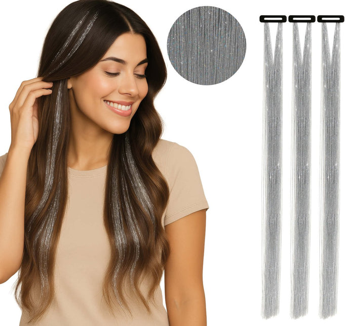 Zilveren Hair Extension Glitters 50cm 3st van Fiestas Guirca koop je bij Partywinkel