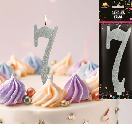 Zilveren Kaars 7 Jaar Glitter 12,5cm van Fiestas Guirca koop je bij Partywinkel