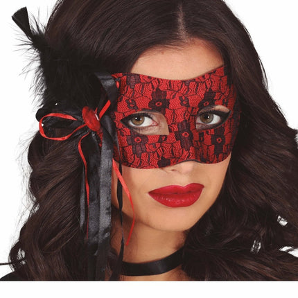 Zwart Rode Oogmasker Veer van Fiestas Guirca koop je bij Partywinkel