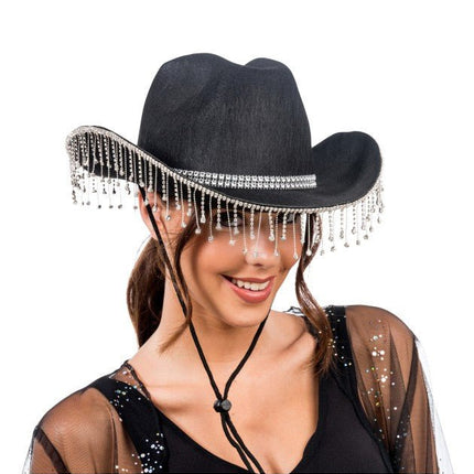 Zwarte Cowboyhoed met Hangende Strass One Size van CHAKS koop je bij Partywinkel