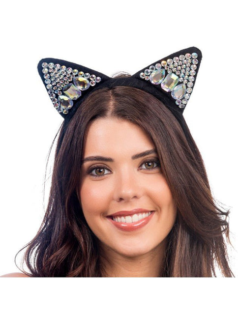 Zwarte Kattenoren Diadeem met Strass 22x17cm van CHAKS koop je bij Partywinkel