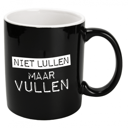 Zwarte Mok Niet Lullen Maar Vullen 12cm van Paper Dreams koop je bij Partywinkel
