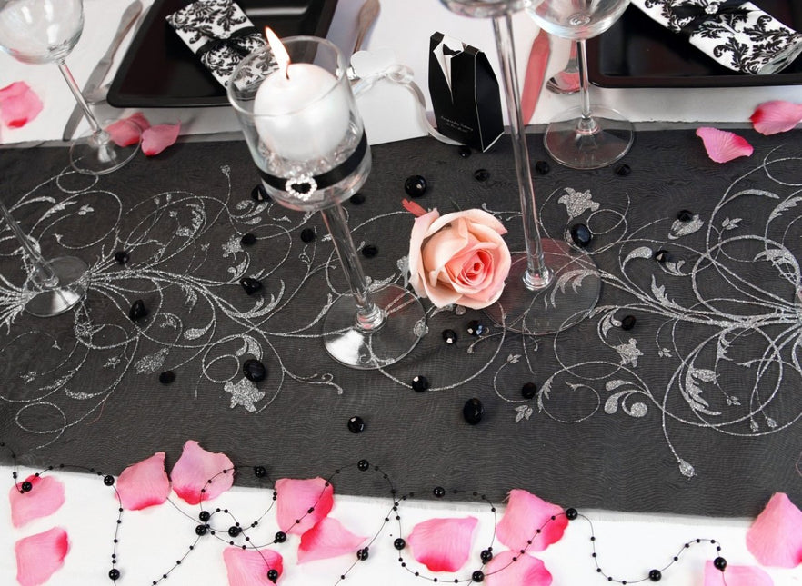 Zwarte Organza Stof Zilveren Bloemen 36cm 9m van Partydeco koop je bij Partywinkel