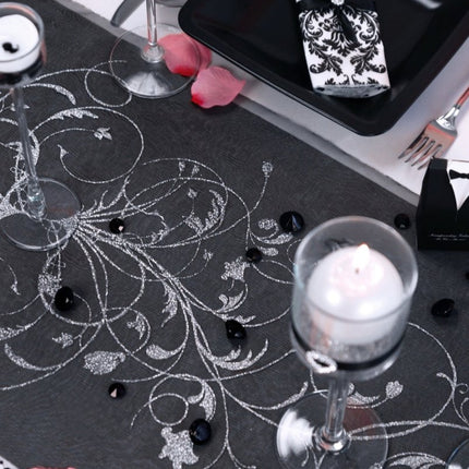 Zwarte Organza Stof Zilveren Bloemen 36cm 9m van Partydeco koop je bij Partywinkel