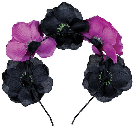 Zwarte Paarse Halloween Haarband Bloemen van Fiestas Guirca koop je bij Partywinkel