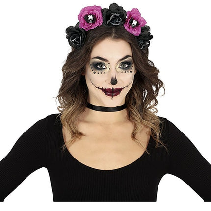 Zwarte Paarse Halloween Haarband Bloemen van Fiestas Guirca koop je bij Partywinkel