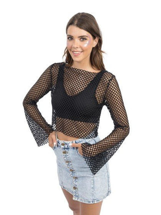 Zwarte Visnet Crop Top Met Uitlopende Mouwen van CHAKS koop je bij Partywinkel